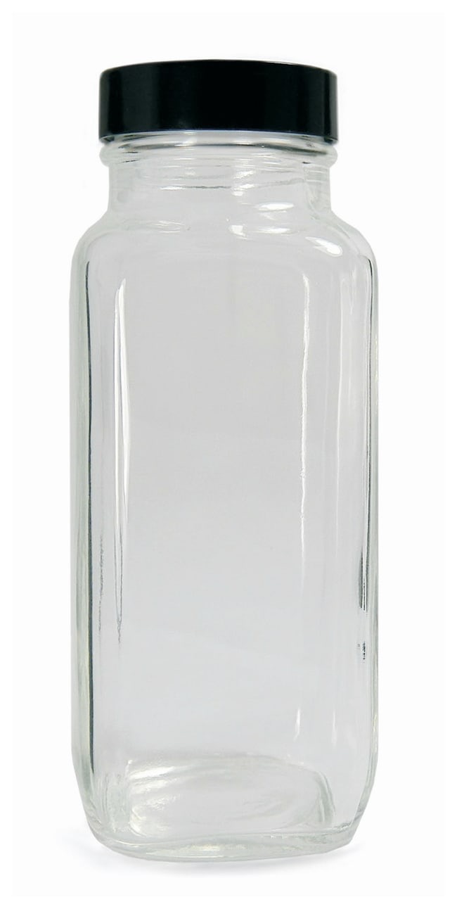 Qorpak™ Clear French Square Bottles, Vacuum/Ionized, Black Phenolic PE-Lined Cap