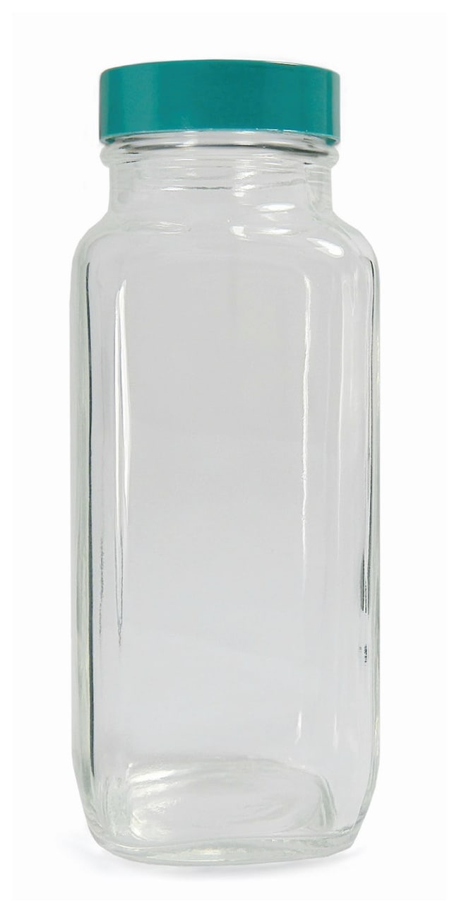 Qorpak™ Clear French Square Bottles with Green Thermoset F217/PTFE Cap