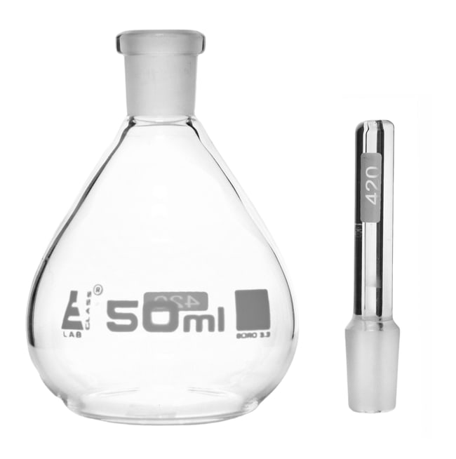 Eisco Labs Borosilicate Glass Calibrated Pycnometer with Flat Bottom and Perforated Stopper
