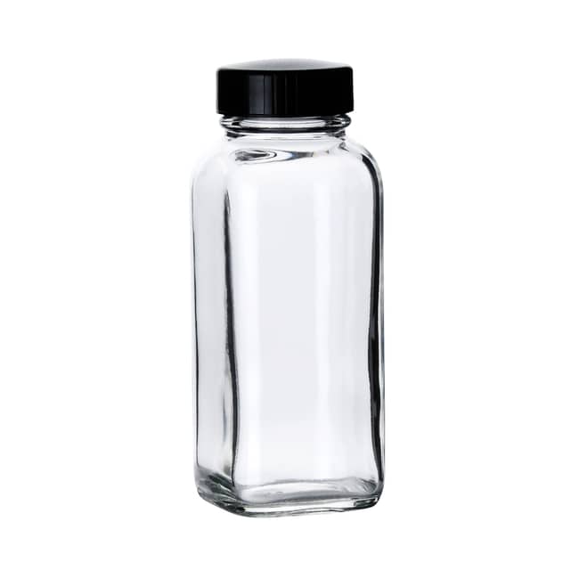 Fisherbrand™ Clear French Square Glass Bottles with Black Phenolic Caps